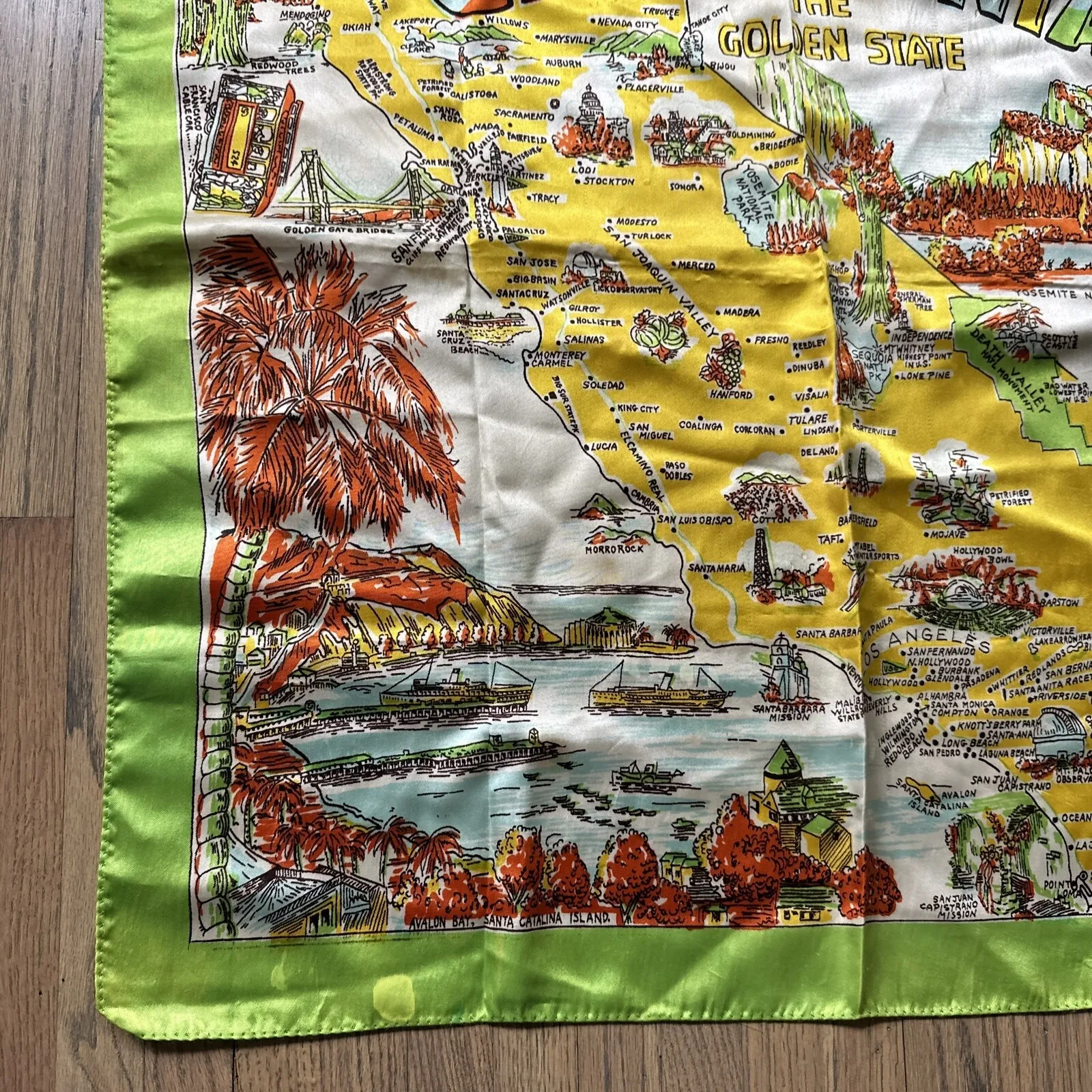Vintage California Map Silk Scarf Tourist Landmarks Souvenir 28x28 Hand Rolled - Image 4