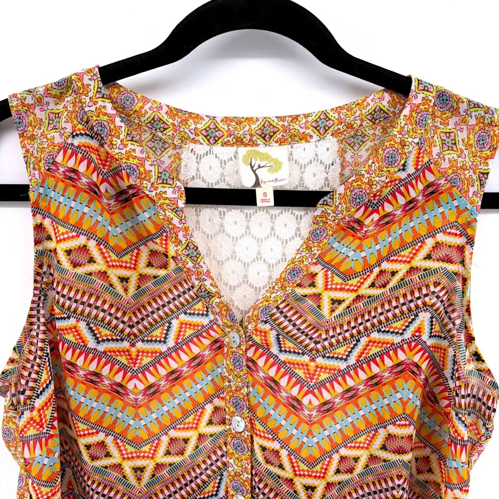Anthropologie Fig & Flower Geometric Print Lace Back Sleeveless Button Top Small Orange - Image 3