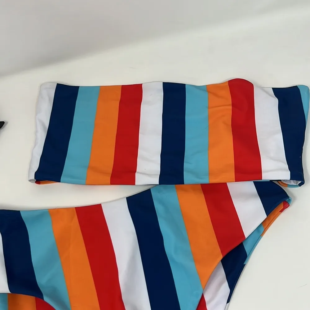 Bandeau high waisted bikini swimsuit stripe SHEIN - Image 4