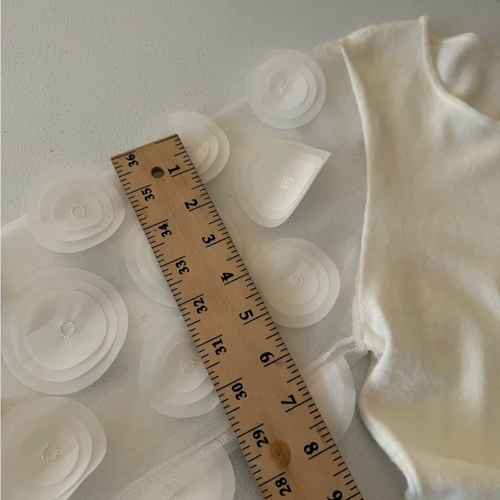 SIONI MOCK NECK MESH APPLIQUE SLEEVE DETAIL SWEATER TOP BISHOP SHEER FLORAL S White - Image 9