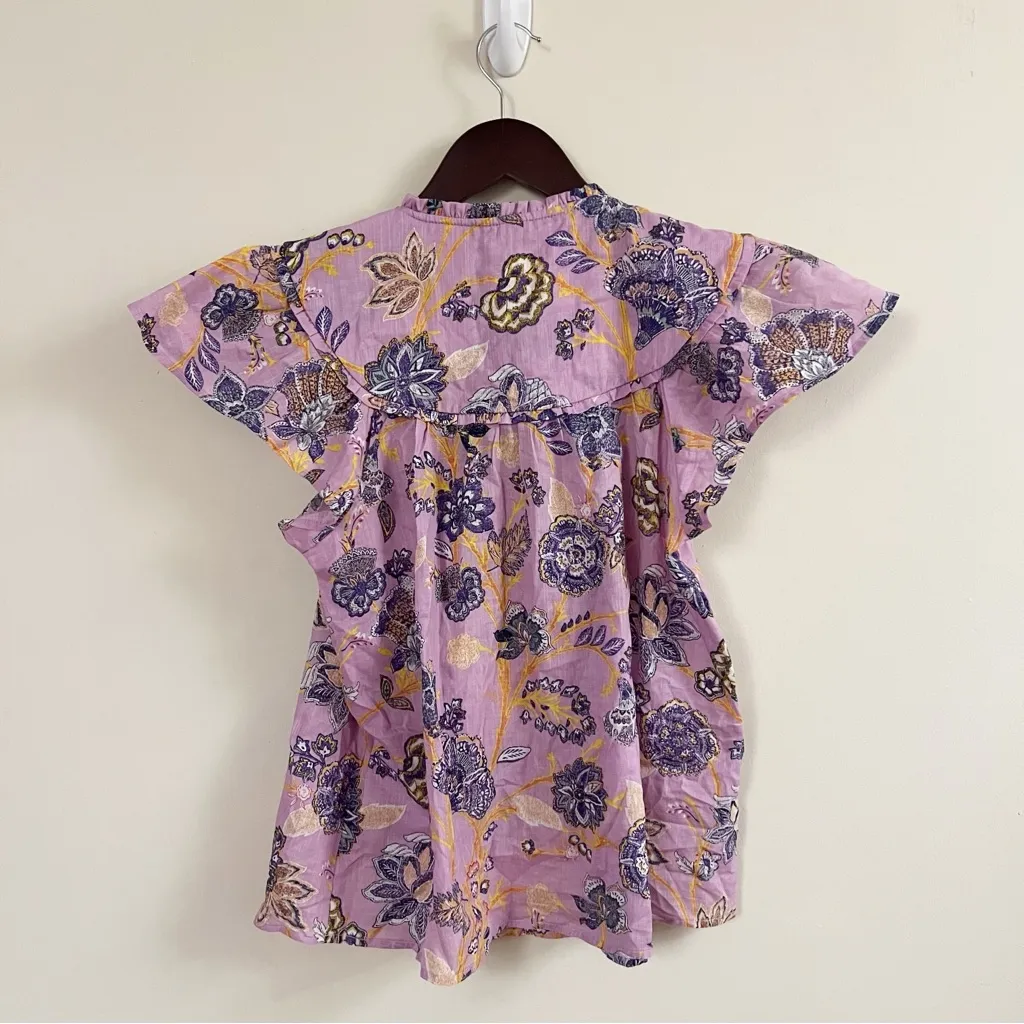 Anthropologie Purple Floral Smocked Cap Sleeve Button Front Blouse Size Small - Image 9