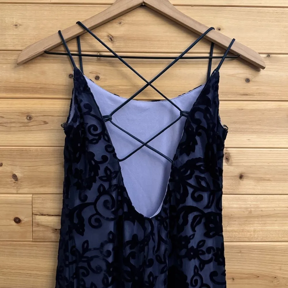 Vintage Steppin Out Sz Small Navy High Neck Crushed Velvet Mesh Filigree Dress Blue - Image 9