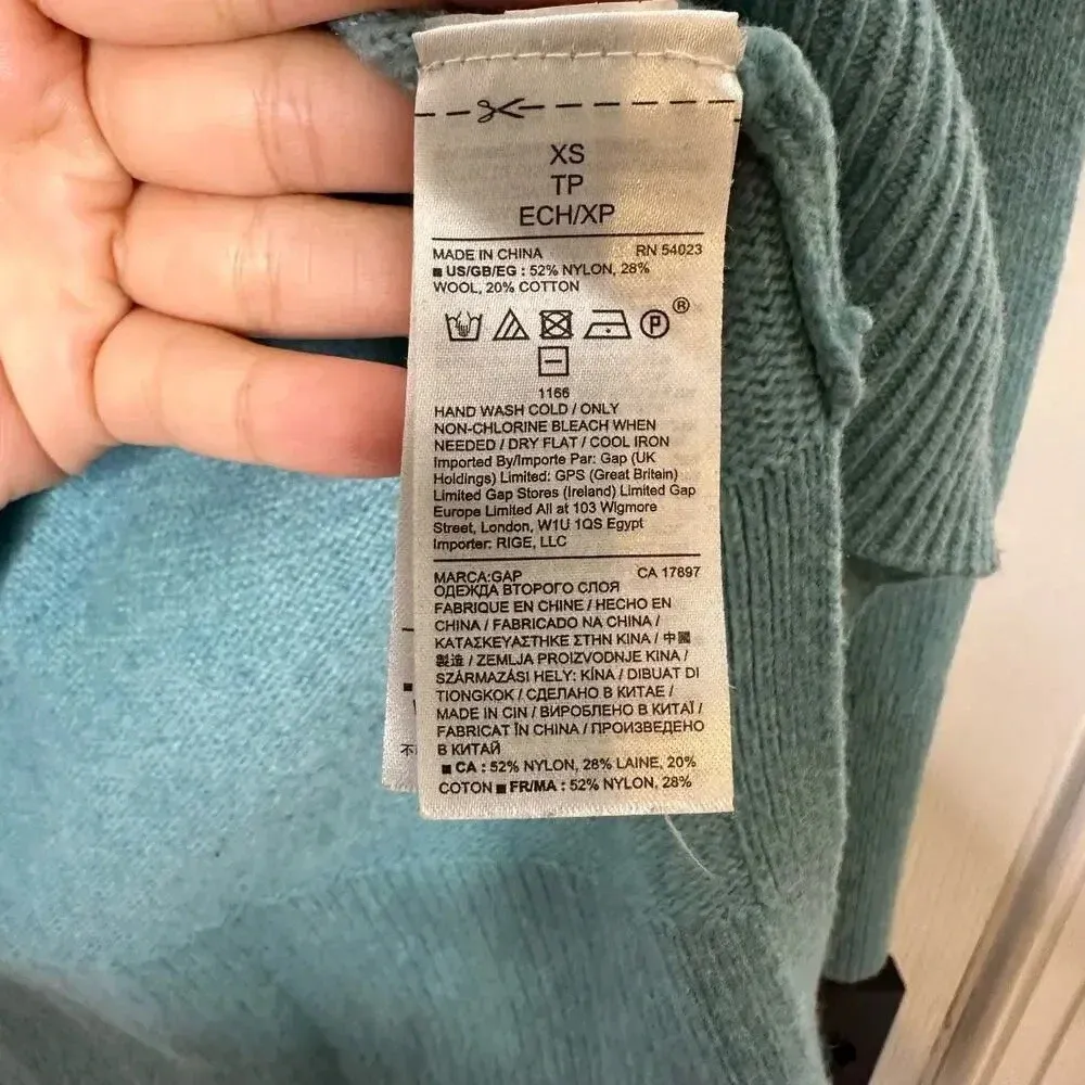 GAP XS Crazy Crew‎ Neck Tunic Aqua Long Sleeve Knit Sweater Wool Blend - Image 2