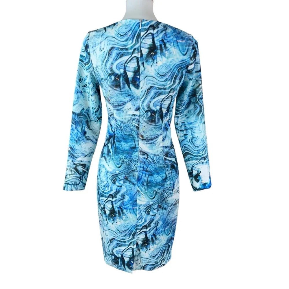 Clove Blue Marble Bodycon Dress Long Sleeve Abstract Print Petite 2P - Image 3