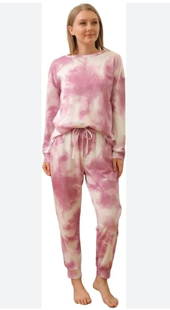 Pink white tie dye matching jogger sweatsuit outfit Size M - Image 2