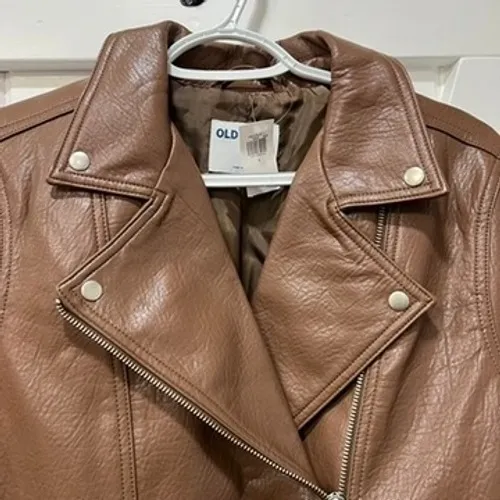 Old Navy Womens Motto Jacket Large NWT Brown Faux Leather Zip Trucker Belt Biker - Image 6