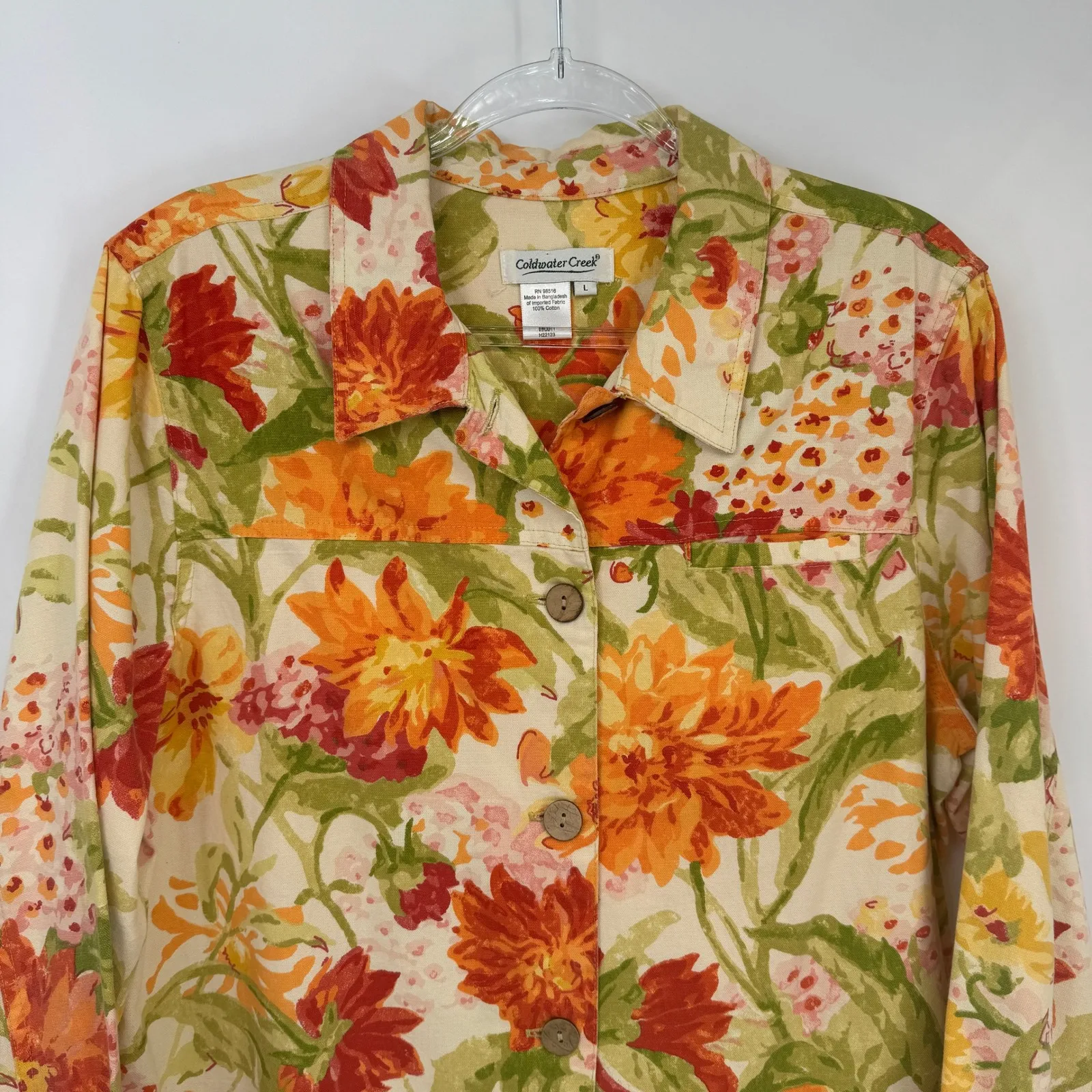 Coldwater Creek Floral Button Up Shirt Jacket  Womens Large Orange Green Garden - Image 2