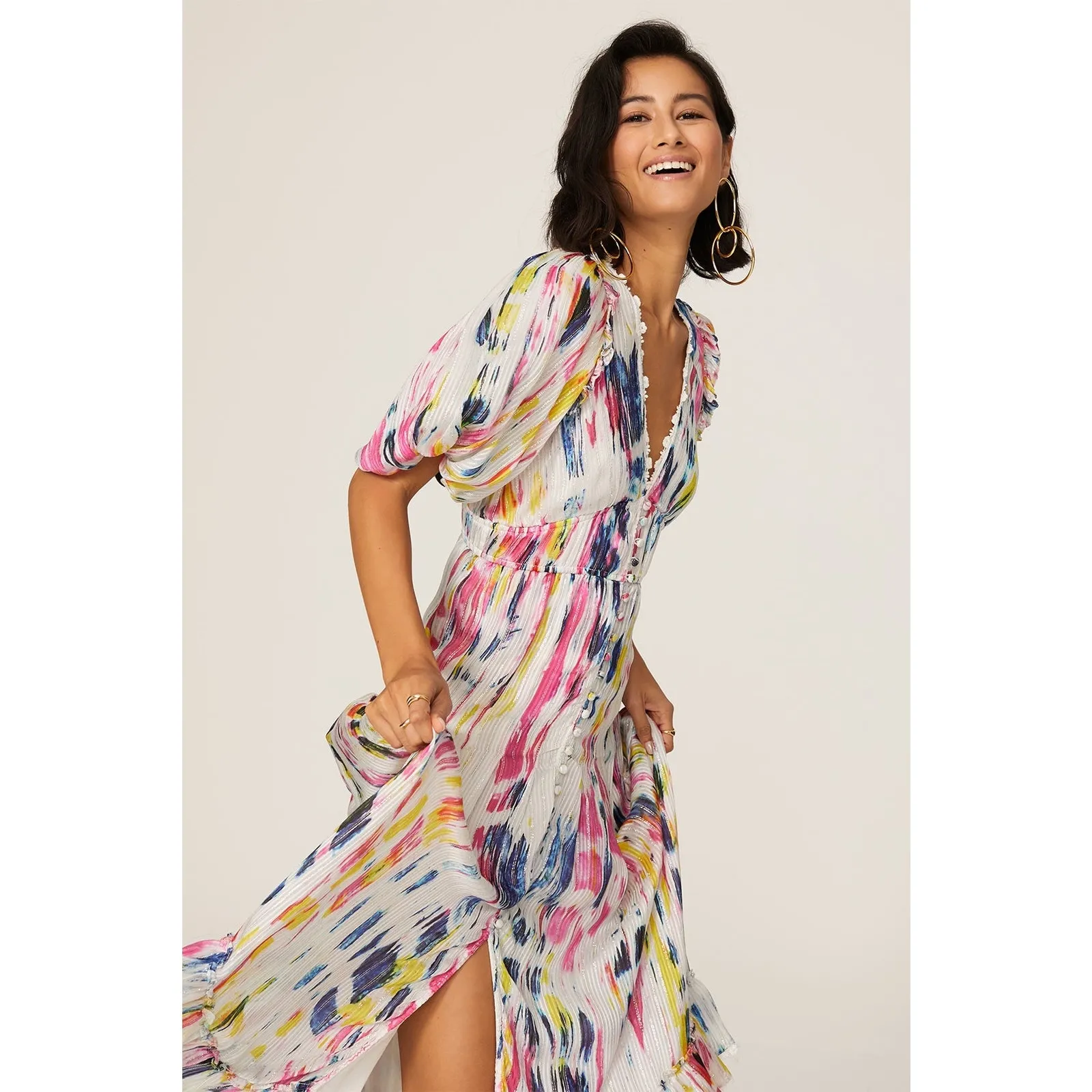 Hemant & Nandita Jorah Multicolor Tie Dye Print V-Neck Puff Sleeve Midi Dress XS - Image 2