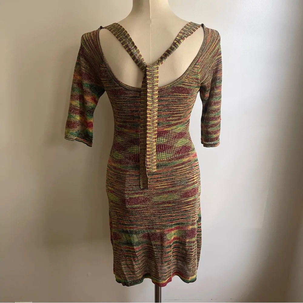 Vintage 90s Guess Jeans Gold Bodycon Knit Dress Medium Rasta Red Yellow Green - Image 6