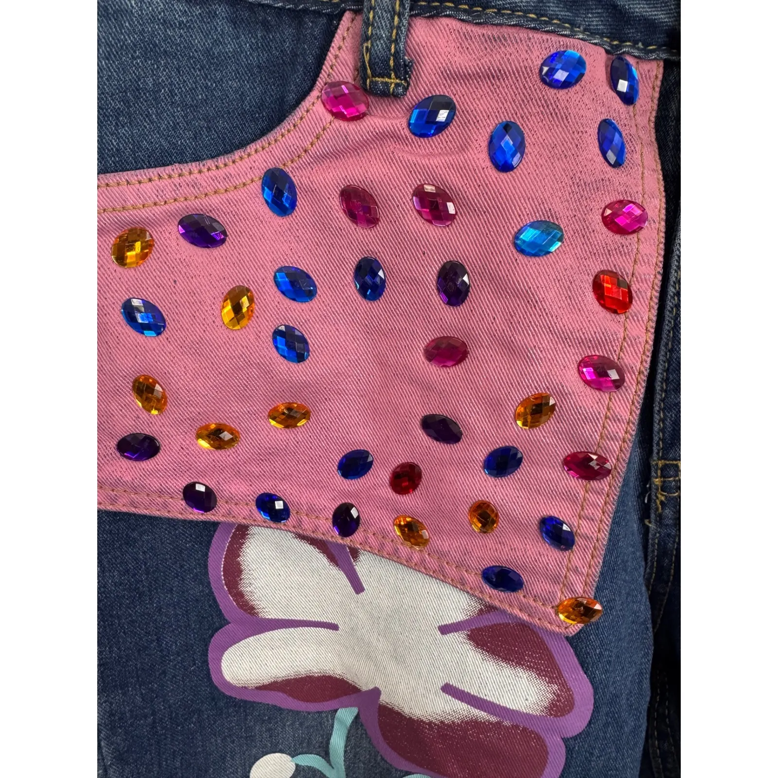 Distressed Jeans Embellished Ripped Denim Colorful‎ Accents Size M/L Blue - Image 5