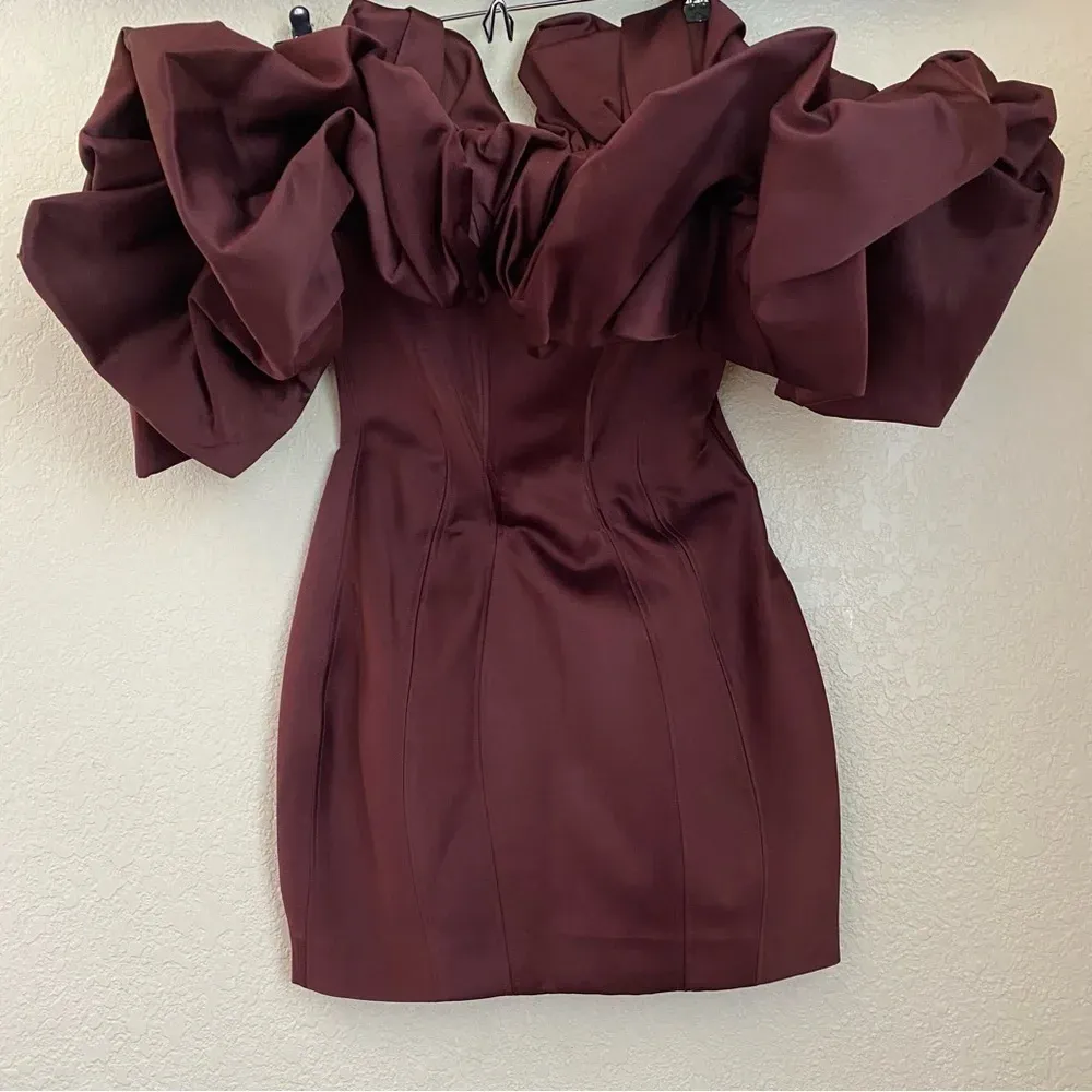 HOUSE OF CB Selena Wine Red Brown Puff Sleeve Off Shoulder Corset dress size‎ S - Image 3