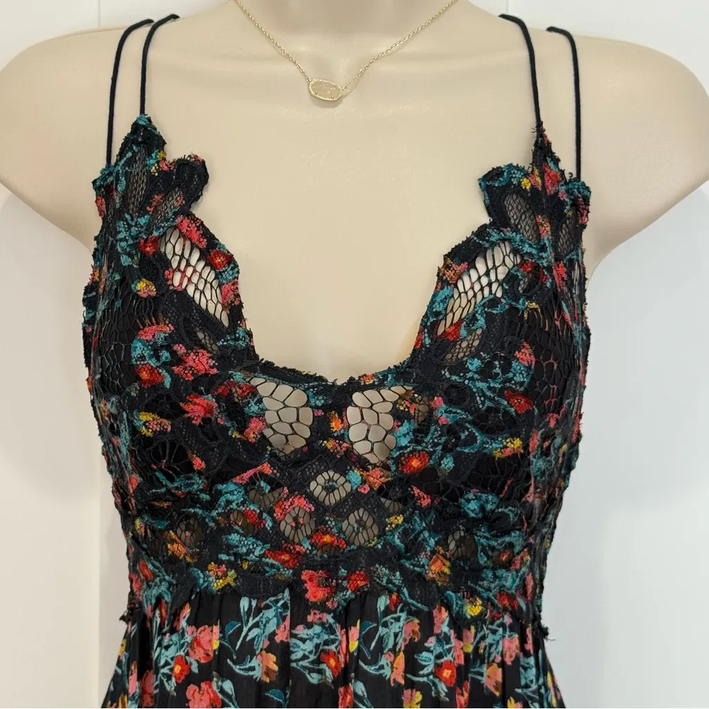 Free People Adella Printed Slip Mini Dress Black Combo Floral Smocked XS Girly - Image 9