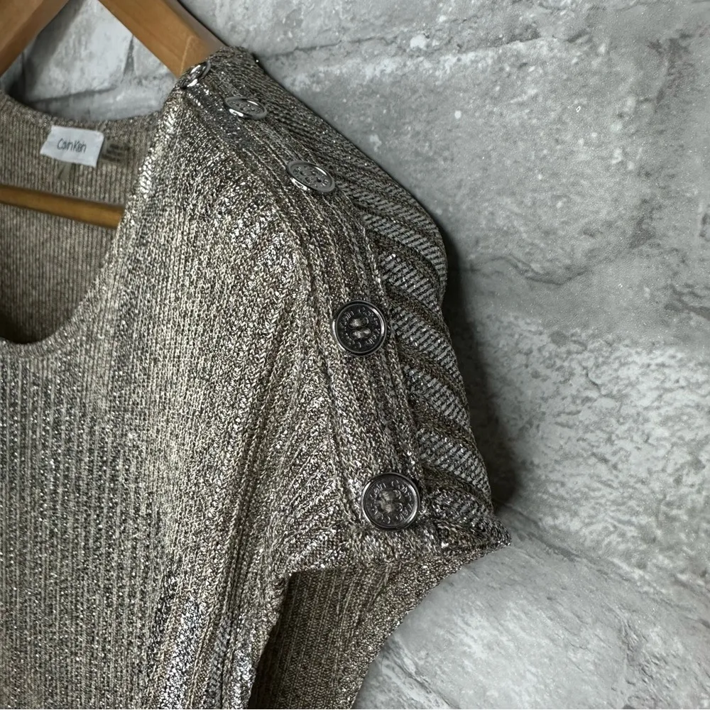 Calvin Klein Gold Ribbed Shimmer Cap Sleeve Ruched Blouse Size Large *Used - Image 8