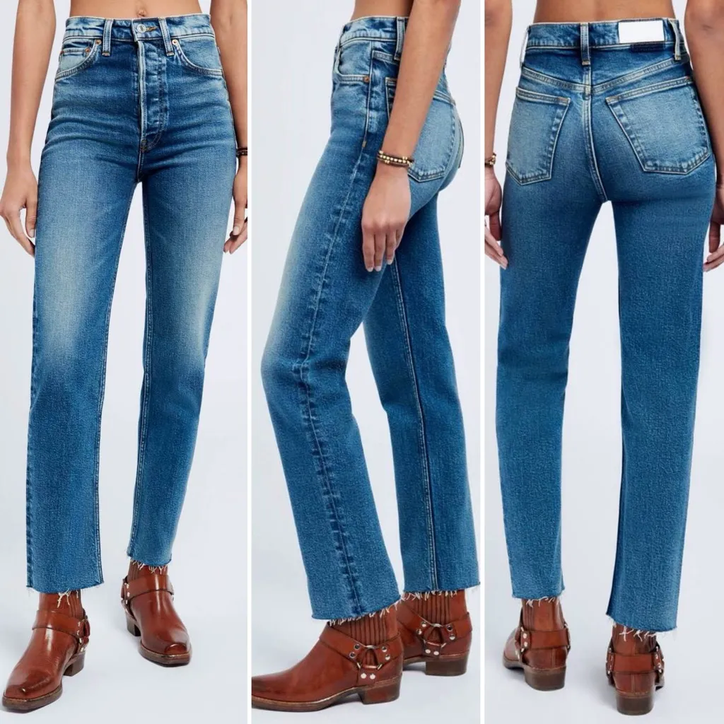 RE/DONE 70s High Rise Stove Pipe Jeans Broken In Dark Wash Size 24 Straight Leg - Image 12