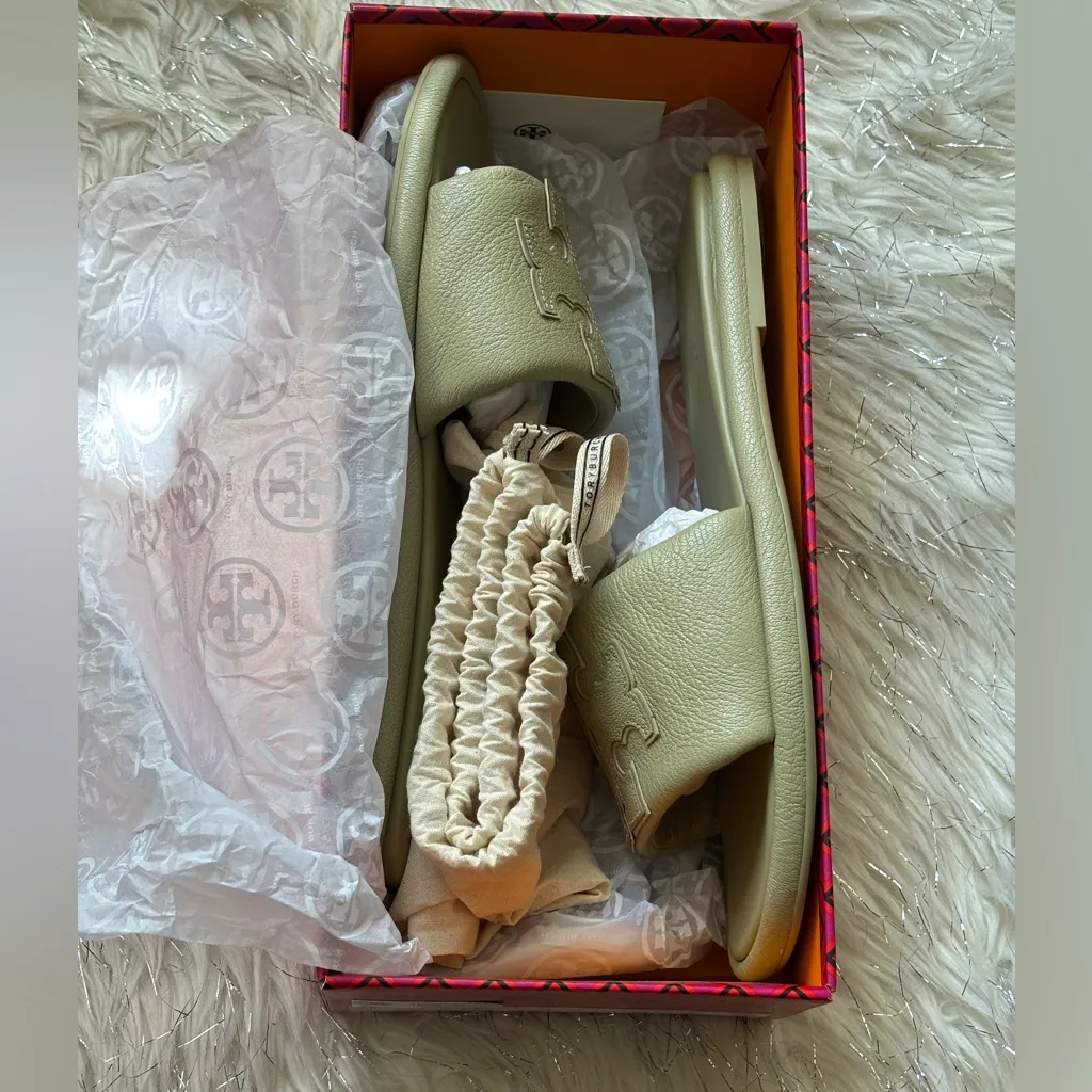 Tory Burch Olive Sprig Women’s Double T Sport Slide Tumbled Leather Size 9.5 - Image 2