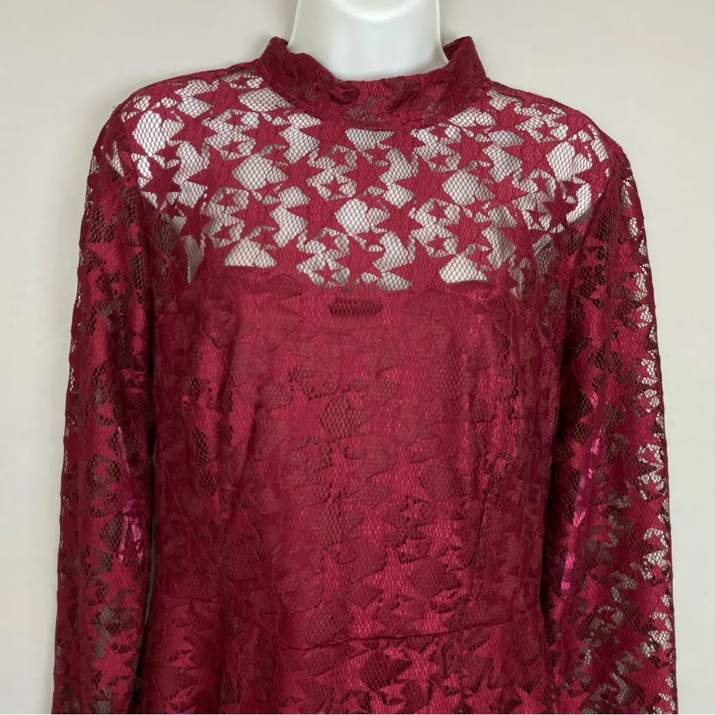 Betsey Johnson Dress Red Star‎ Lace Sheath Illusion Long Sleeve Sheer Maroon 12 - Image 6