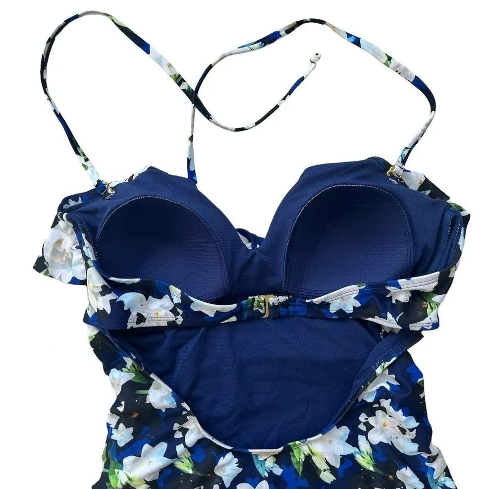 Nicole Miller Floral Ruffle Bandeau Navy Blue One-Piece Swimsuit Size Small - Image 7