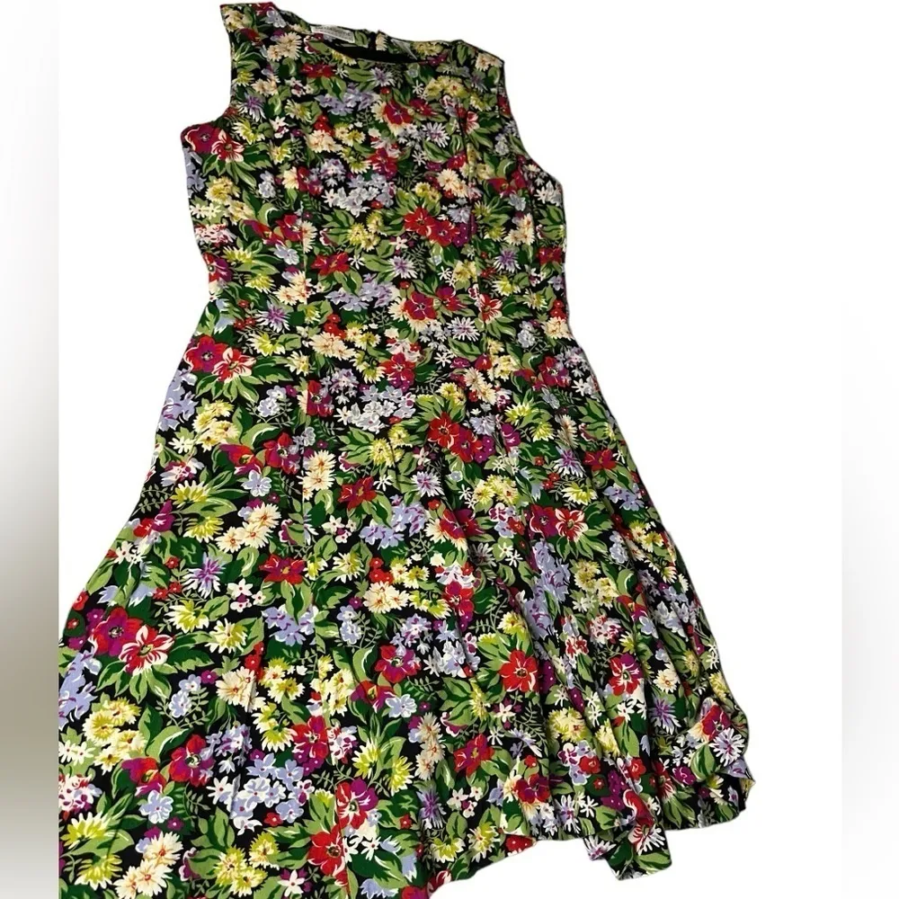 90s Liz Claiborne Green and Pink Floral Print Swing Tank Dress 10 bm - Image 2