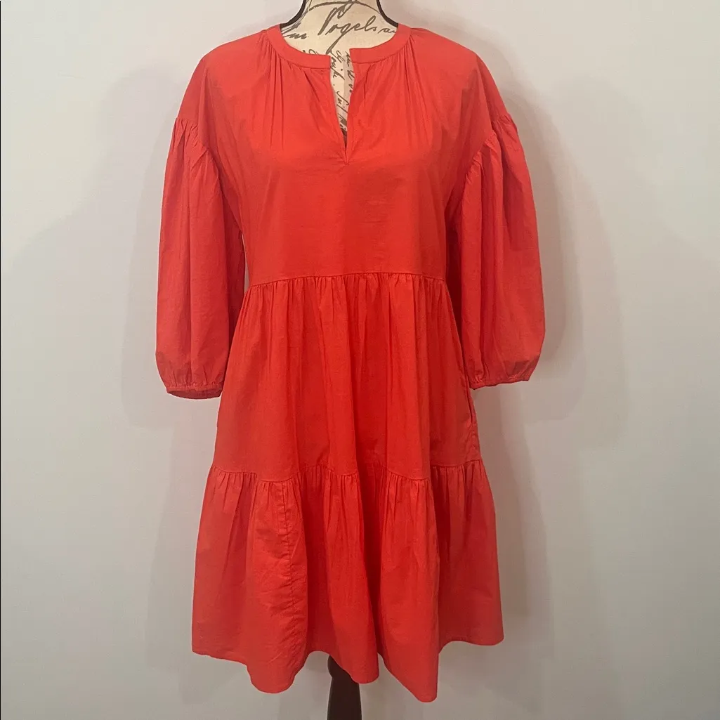 Sundry x Evereve The Anywhere dress cotton poplin tiered bright coral L - Image 2
