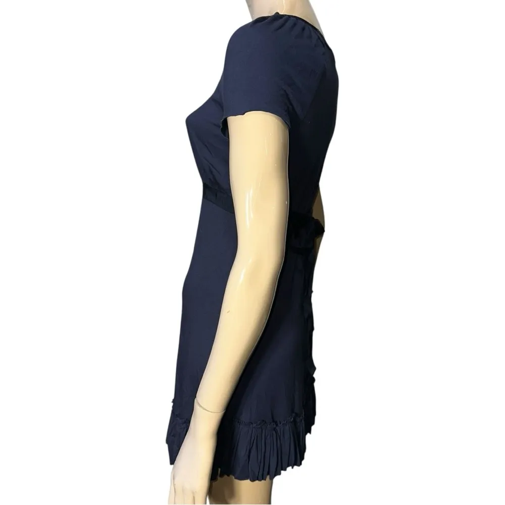 Three Dots Women’s Size S Navy Blue Babydoll Tie Back Ruffle Hem Mini Dress - Image 4