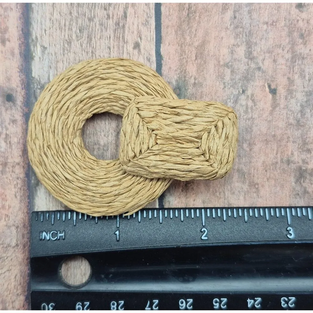 Brown Statement Woven Straw Door Knocker Hoop Earrings Boho Neutral Pierced - Image 7