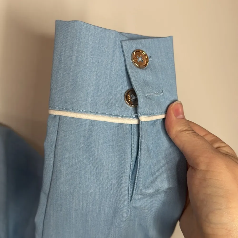 Buru Mel Denim Chambray Contrast Piping Button Down Blouse size XS Blue - Image 7