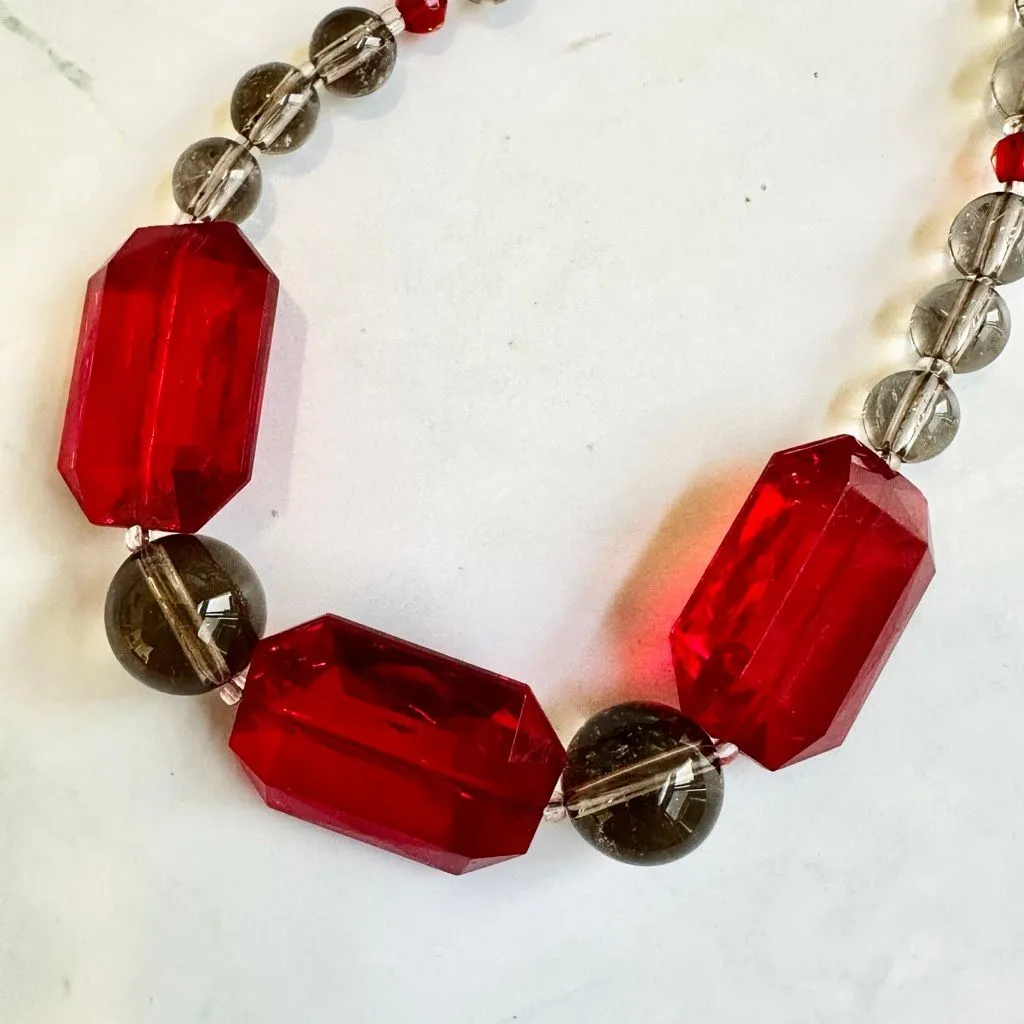 Smoky Glass & Red Acrylic Bead Statement Necklace sterling clasp - Image 3