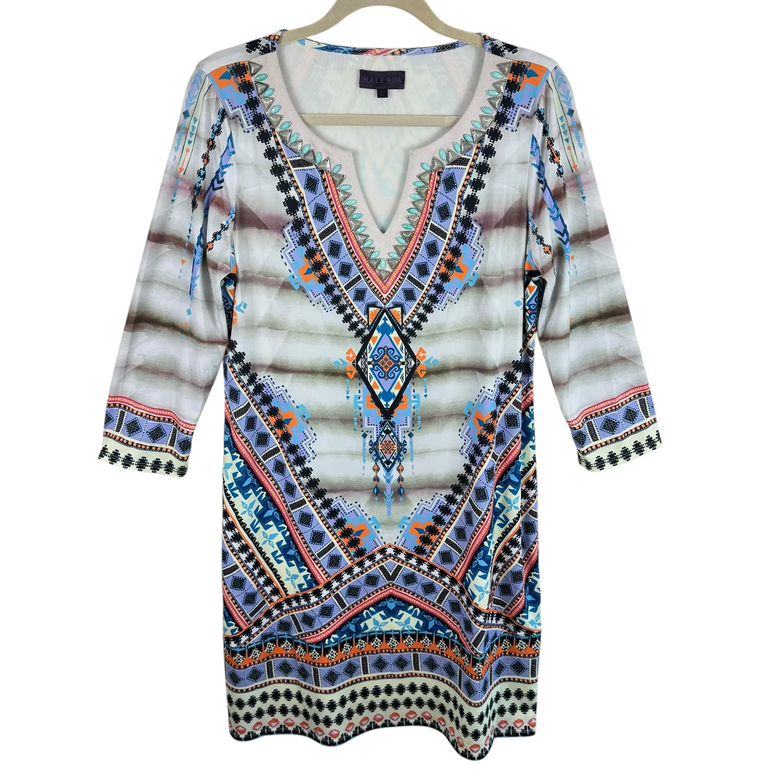 Hale Bob Colorful Aztec Beaded 3/4 Sleeve Stretchy Pullover Knee Length Dress L - Image 2