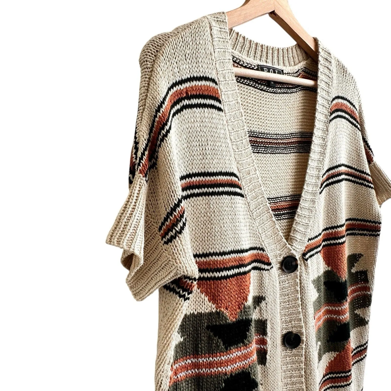 POL  Aztec Cardigan Sweater  Short Sleeves Coastal Cowgirl Lagenlook Fall M - Image 10