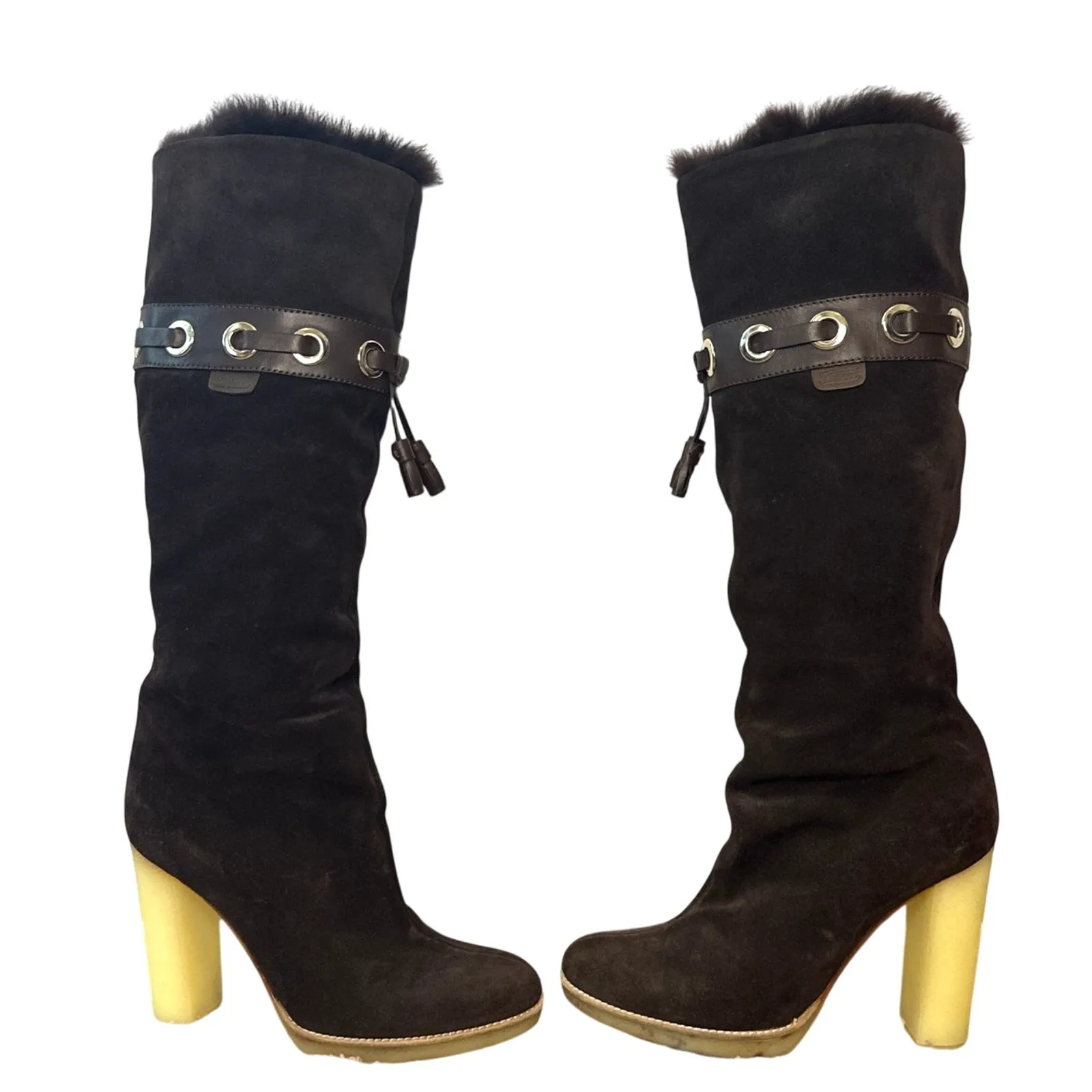 Gucci Dark Brown Suede Leather Fur Lined Tassel Knee Winter High Boots Size 6.5 - Image 3