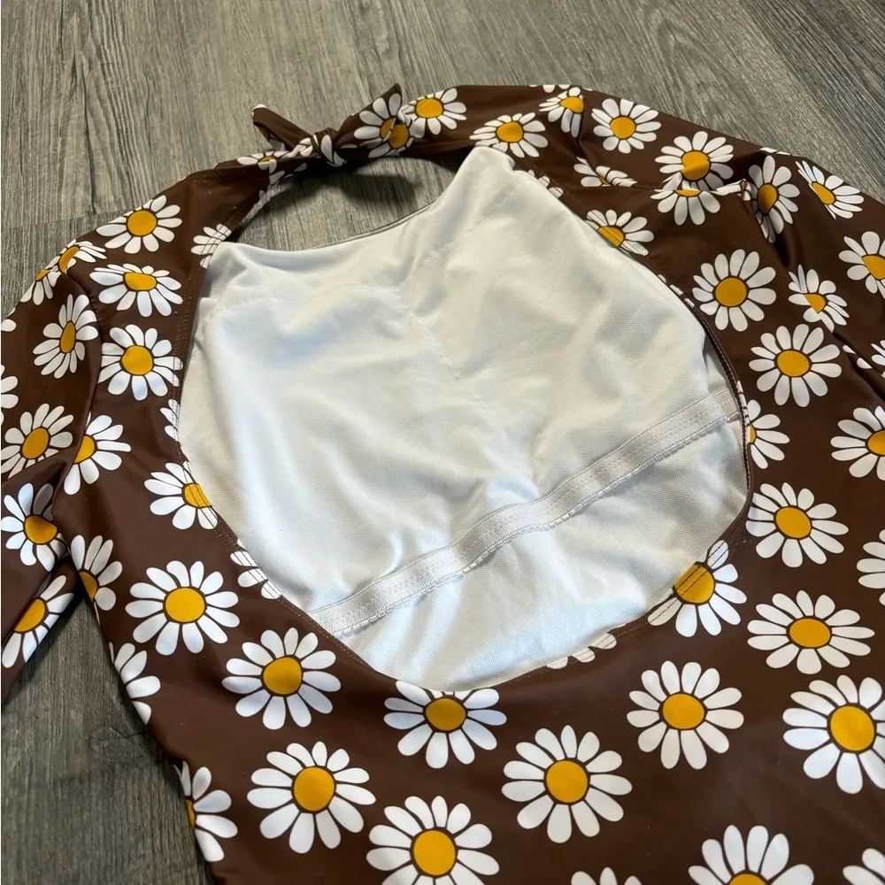 Floral Print Vintage Look Long Sleeve One Piece Bathing Suit Brown Size L - Image 2
