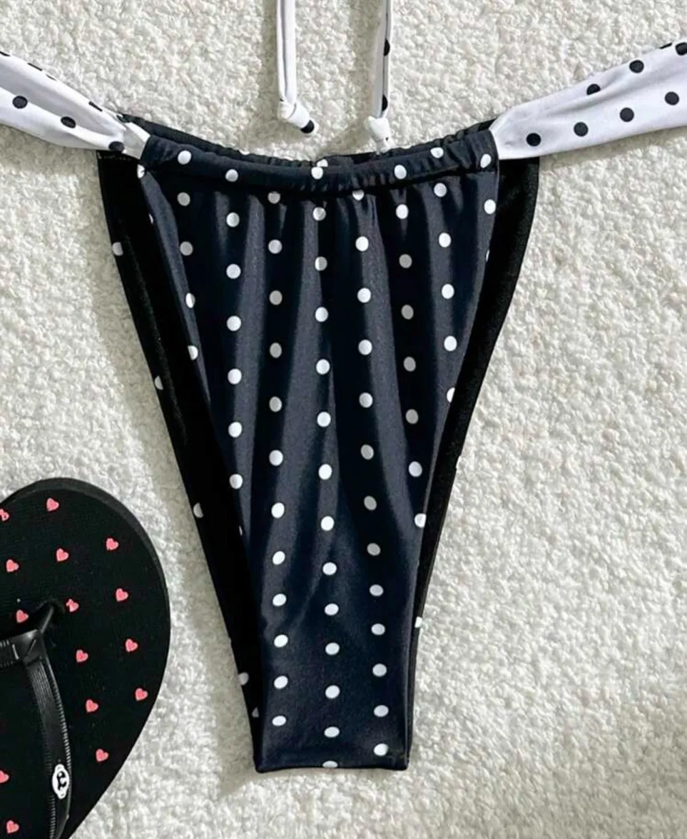 Black White Polka Dot Strappy Stringy Bikini Swimsuit Swim Beach Set - Image 9