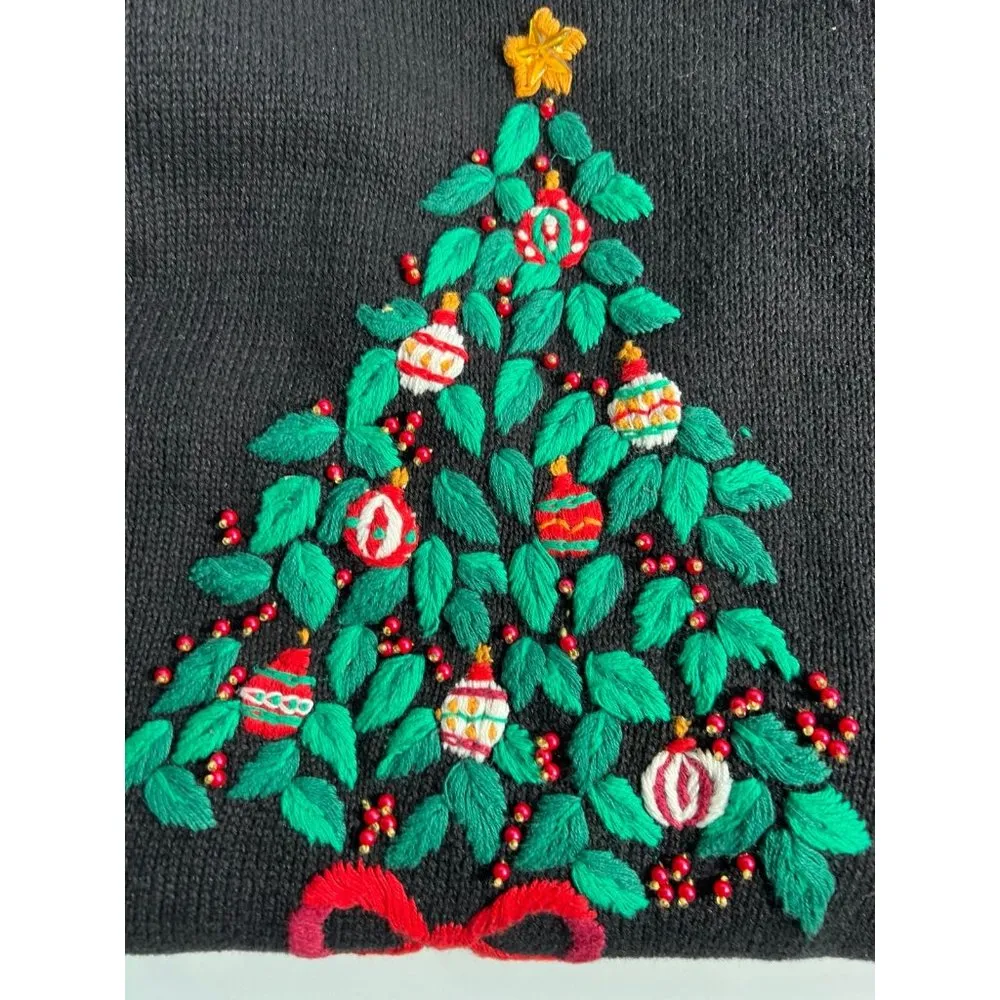 Nutcracker Women’s Christmas Holiday Sweater Embroidered Tree Hollies Knit sz L Black Size L - Image 4