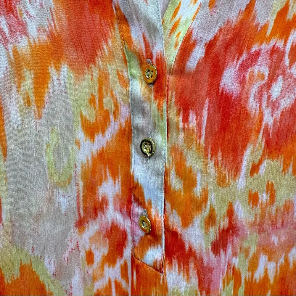 Chico’s Summer Ikat in Watermelon Fizz Sheer Knot Front Top Sequins & Buttons - Image 9