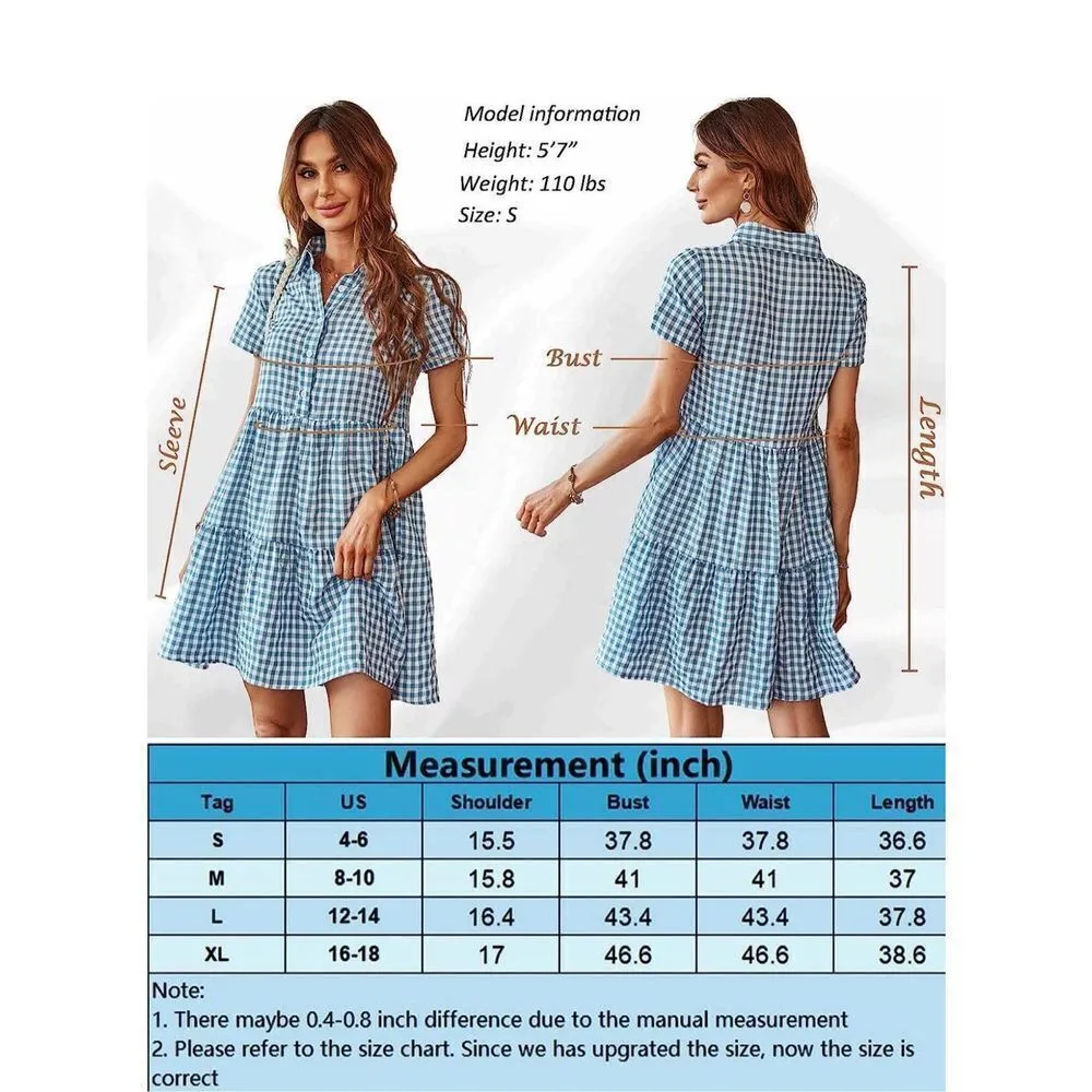 NEW Casual V Neck Plaid Tunic Shirt Dress Short Sleeve Summer Mini L Blue Size L - Image 4