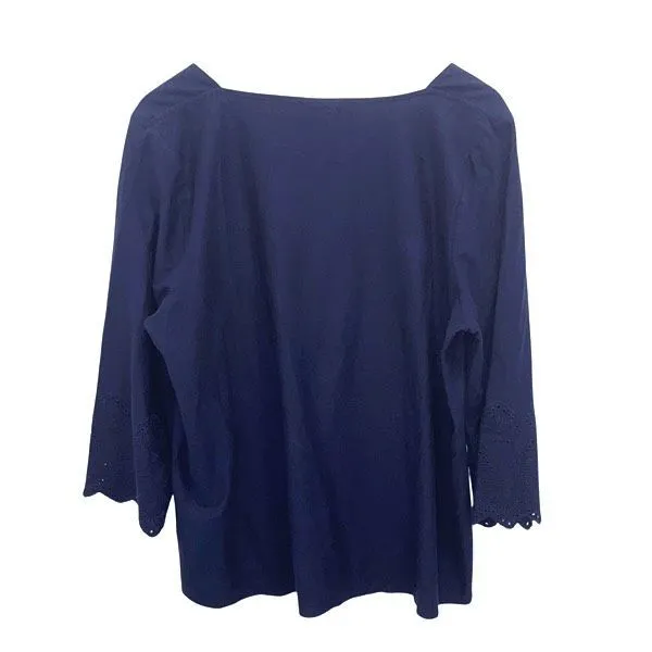 J.‎ Jill Eyelet Tunic Blouse Top Bell Sleeves Square Neck Navy Cotton Size XL Blue - Image 3