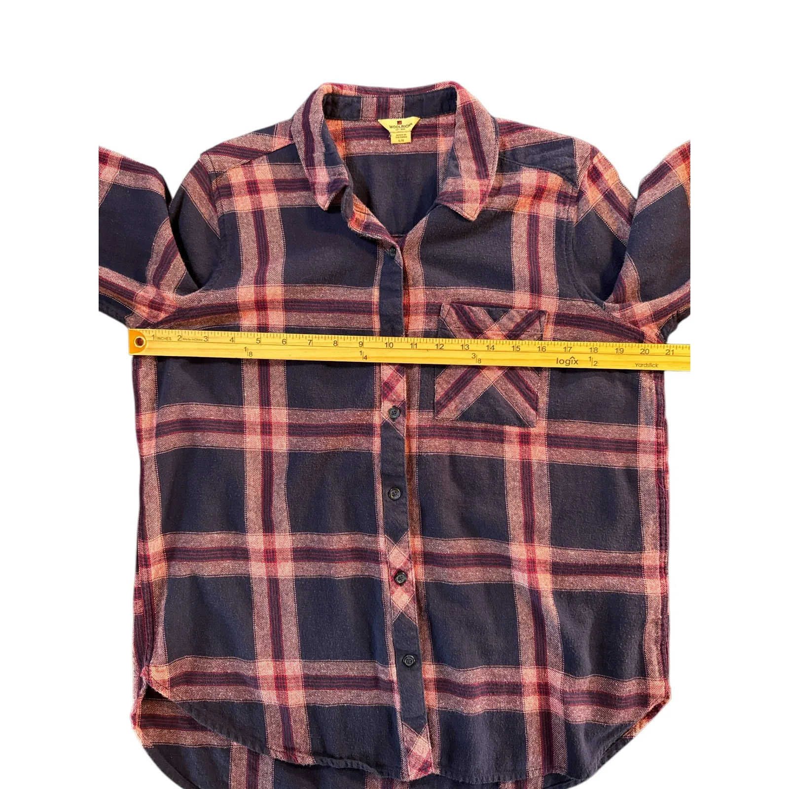 Woolrich Plaid Flannel Button Up Shirt Navy Pink Women's Large L - Image 4