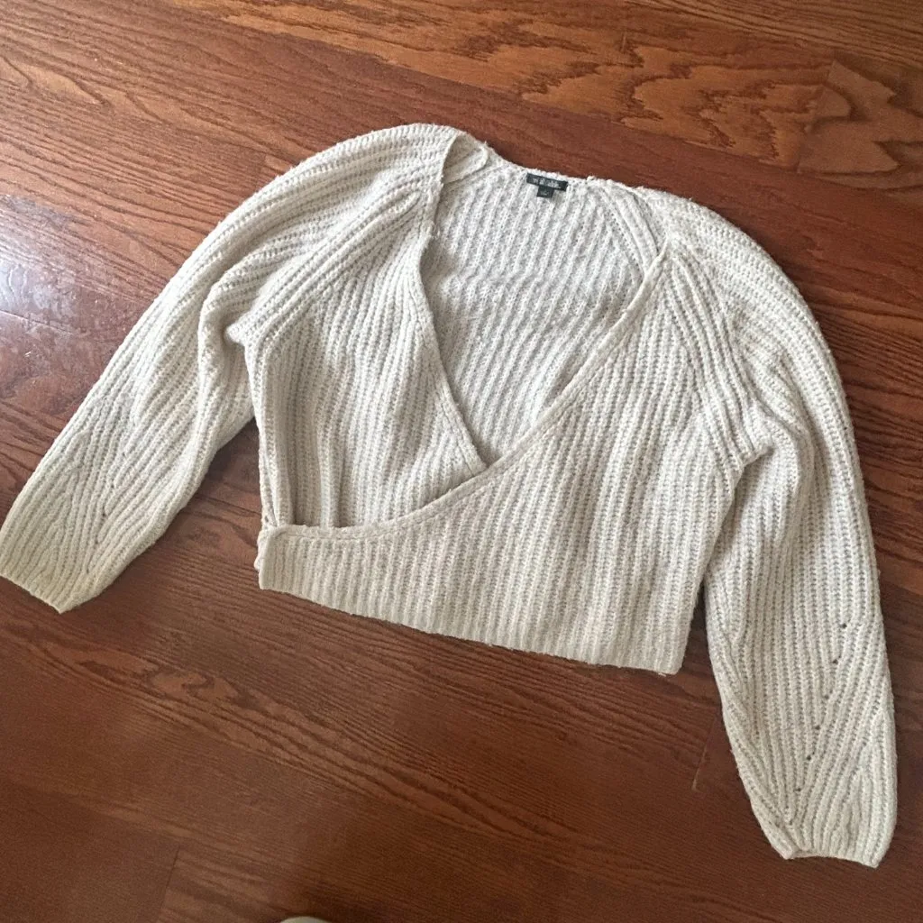 Wild Fable Wrap Sweater Pointelle Sleeves V Neck Ivory Size Small Chunky Knit - Image 6