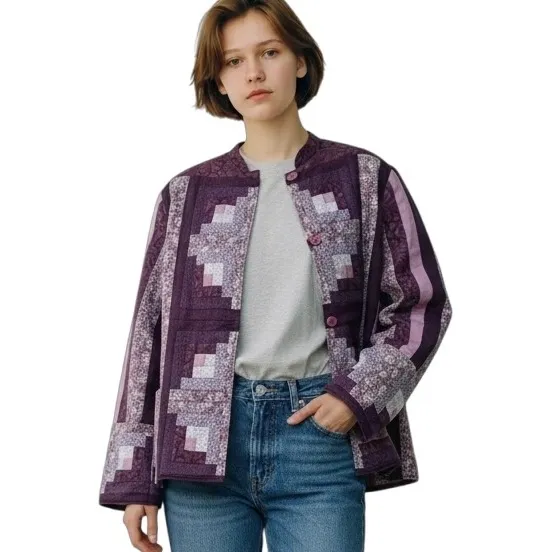 Quilted Handmade Jacket Purple Floral Patchwork Button Up Women's Coat Unique XL - Image 2