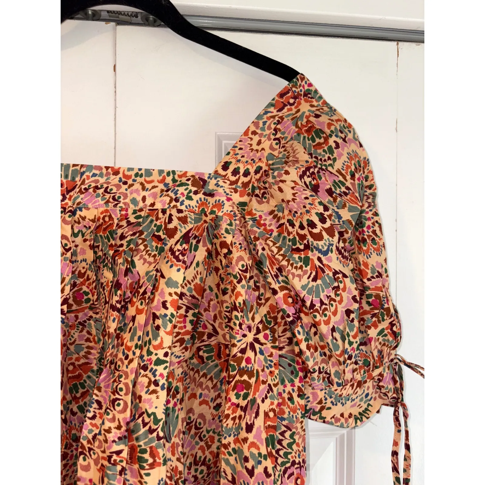 DR2 Floral Print Top Square Neck Puff‎ Sleeve Blouse Bohemian Style Size S Tan - Image 7