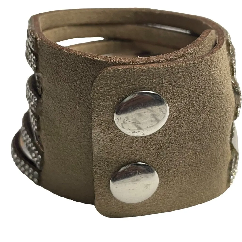 Wide Leather Cuff Bracelet Rhinestones Double Snap Closure Adjustable Fit u Fash Silver - Image 5