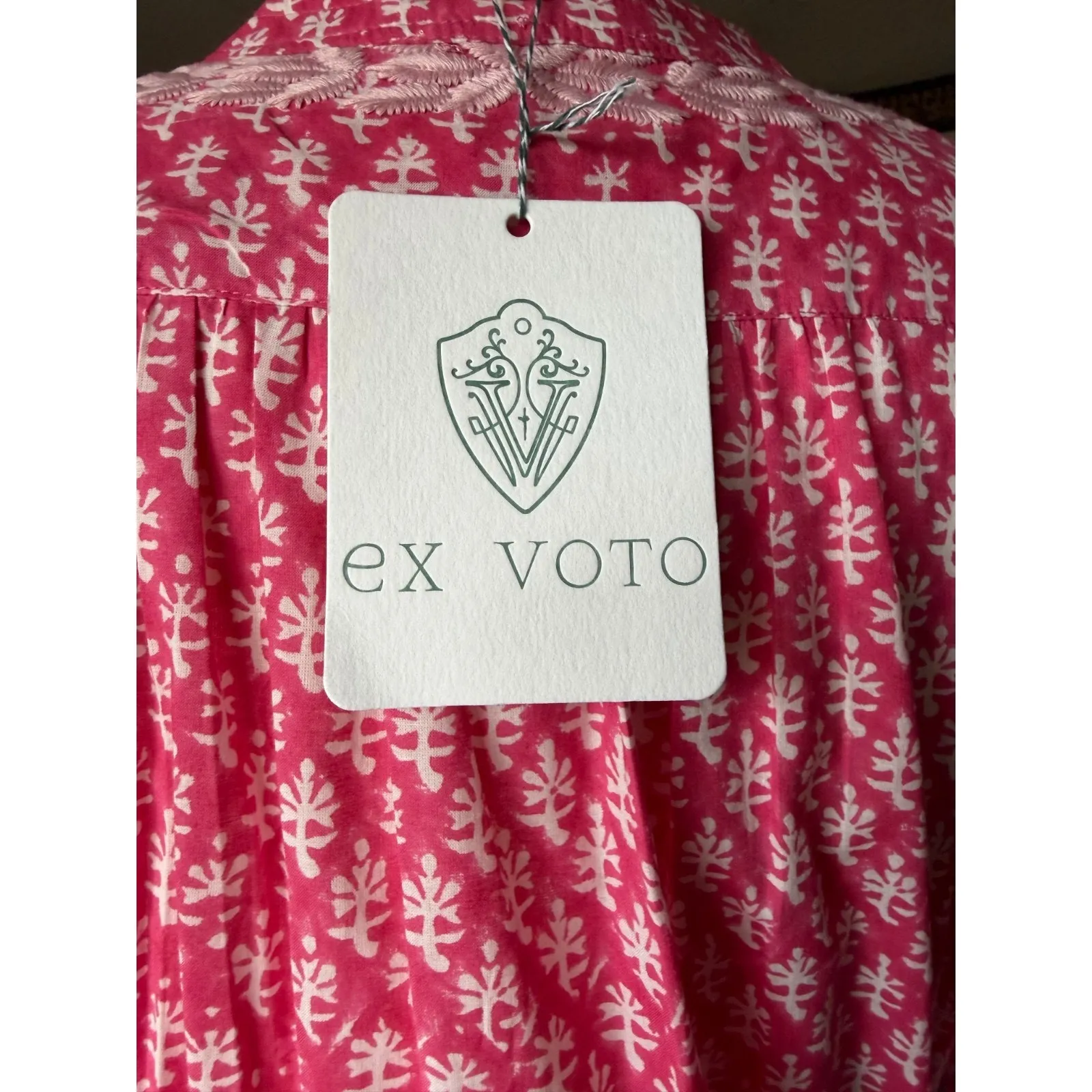 Ex Voto Ivy Caftan Midi Raspberry Block Print Embroidered Rope Belt NWT Medium Pink - Image 10