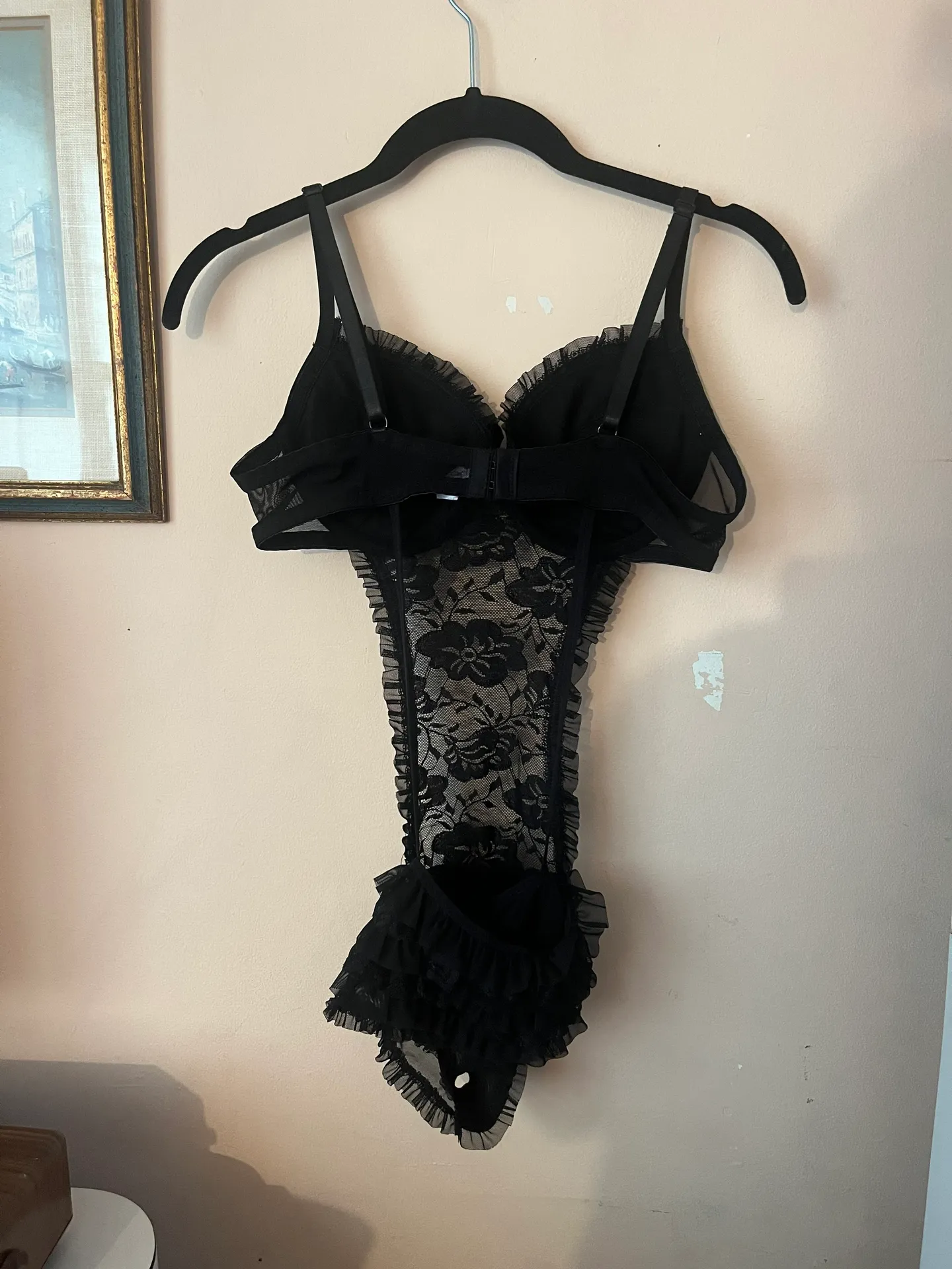 Black Lace Ruffle Lingerie One Piece Bodysuit - Image 4