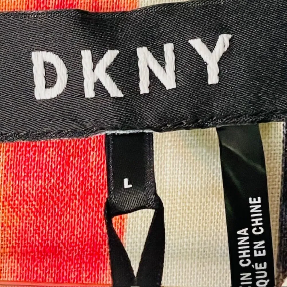 NEW Dkny 100% Linen Raw-Trim Asymmetrical Top Abstract Ikat Print Large - Image 4