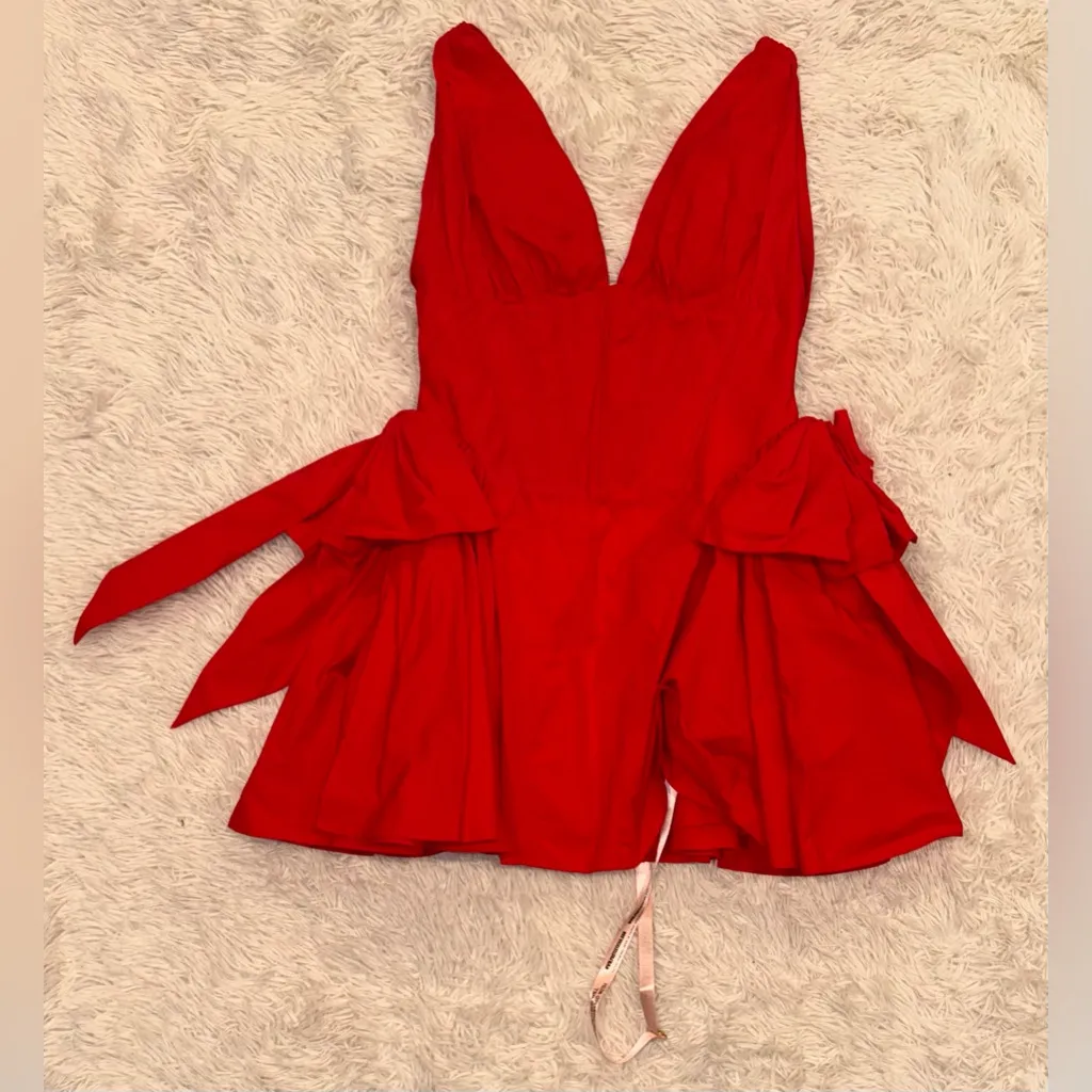 NWT House of CB Amalia Bow Side Stretch Cotton Red V neck Minidress SZ XL - Image 4