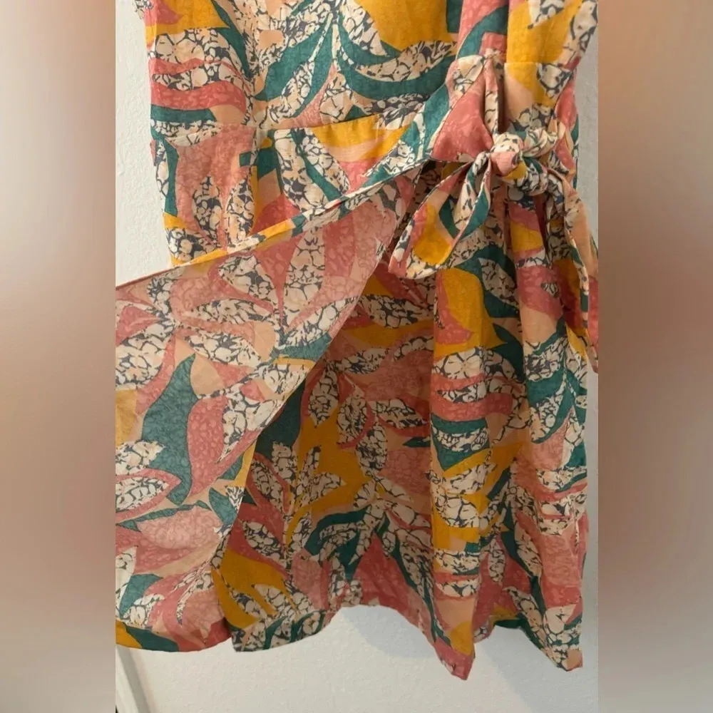 Nine West CRACKLE LEAVES CORAL SIDE TIE FAUX WRAP MINI SQUARE NECK DRESS Sz XXL - Image 4