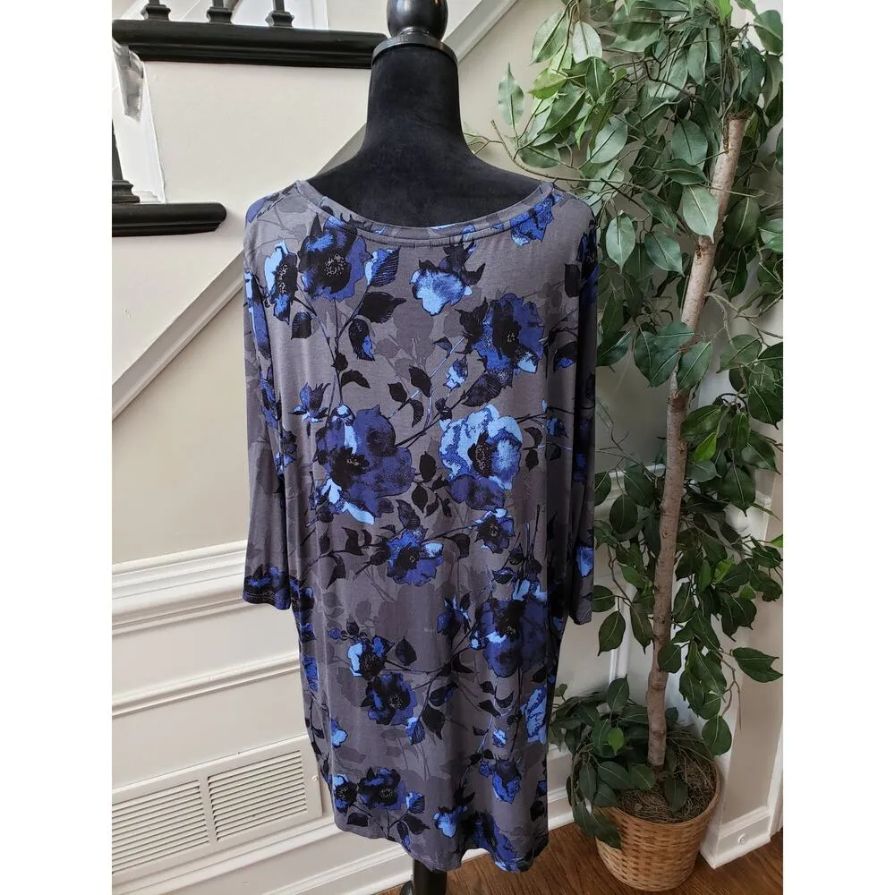 Cynthia Rowley Top Blouse Women 2X Gray Blue Floral Rayon Long Sleeve Round Neck - Image 9