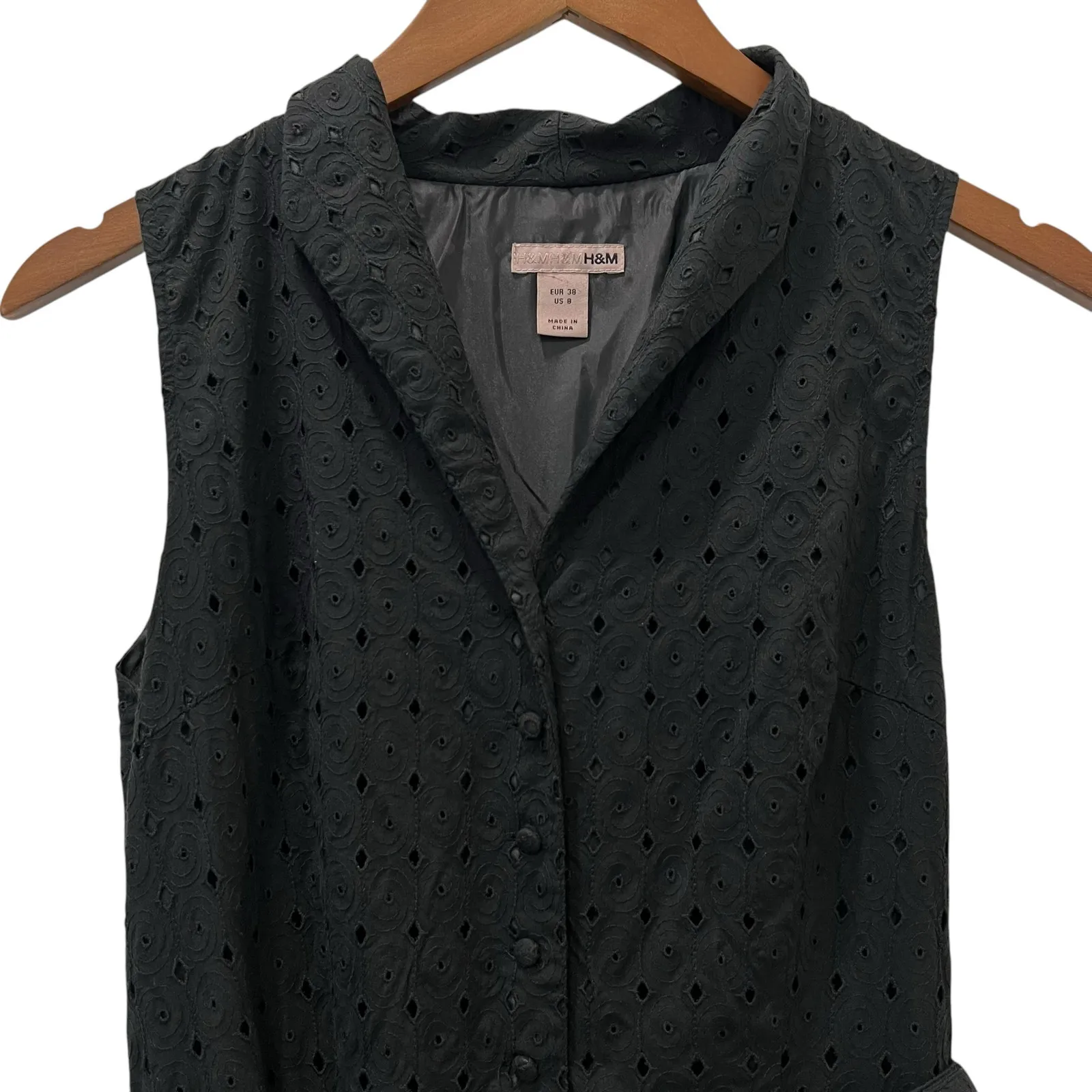 H&M Black Midi A-Line Sleeveless Eyelet Dress Belted Size 8 Lined - Image 3