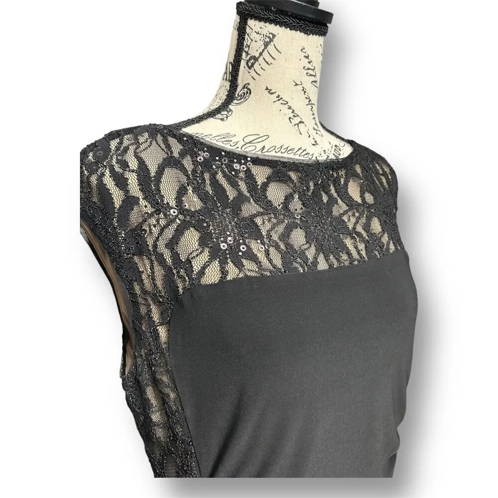 Ralph Lauren Black Sequin Lace Illusion Sheath Midi Dress Ruched Waist Cocktail - Image 6