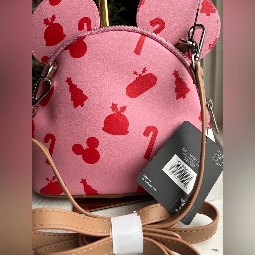 Disney Bioworld Minnie Mouse Holiday Gift Crossbody Bag Pink Bow Mickey Print NW - Image 4
